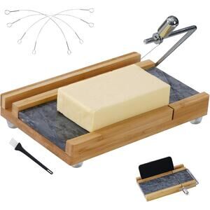 Bamboo & Marble Cheese Slicer w/ 4 Wires | Heavy Duty Butter Cutter Board Stand